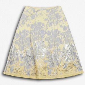 ISDA & Co Yellow Silver Metallic Floral Jacquard A-Line Midi Skirt Size 4